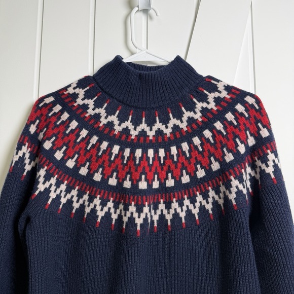 J.Crew Fair Isle Nordic Wool Blend Ski Sweater Navy Red White Size Large Cozy - Picture 2 of 7